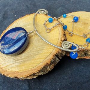 Collier en argent massif et grosse pierre agate bleu